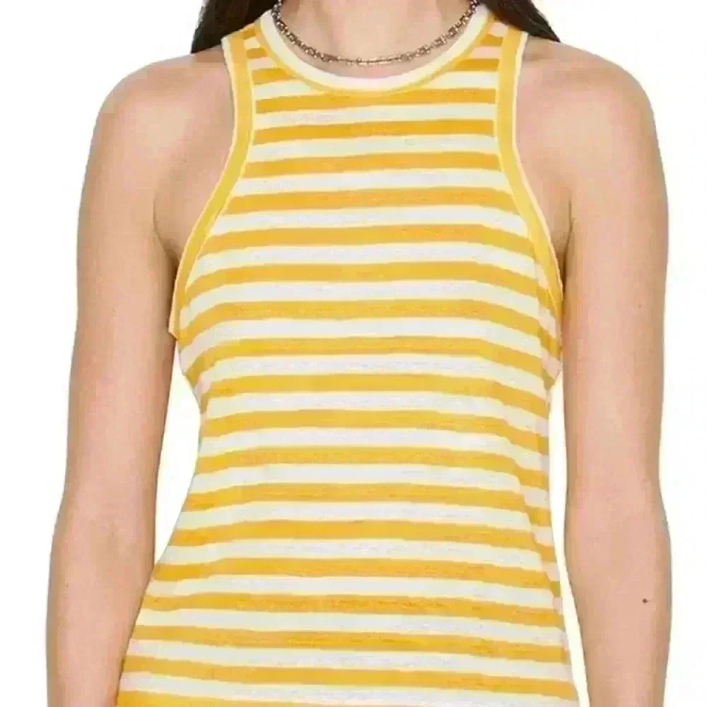 FRAME Ringer Stripe Organic Linen Racerback Tank in Kumquat Multi Size XXS NWT
